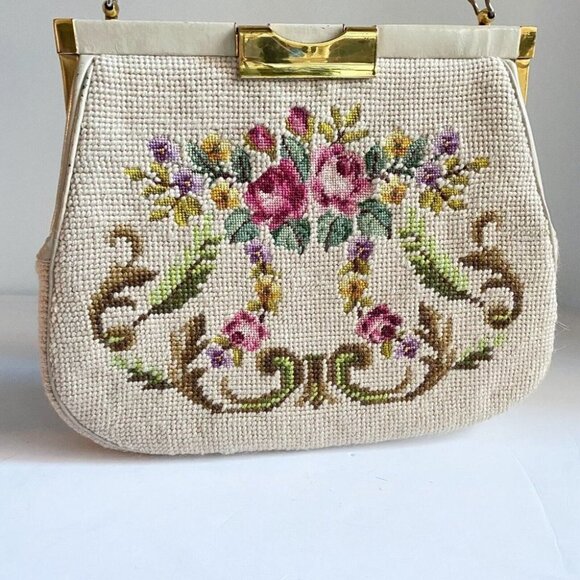 Vintage Ivory  Floral Needlepoint Pretty Cute Top Handle Bag - Picture 4 of 11